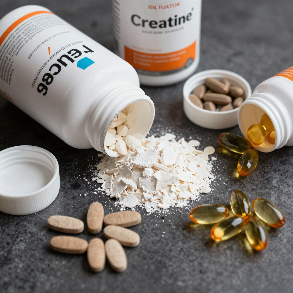 Fresh herbs and natural ingredients laid out next to supplement capsules on a rustic kitchen counter.